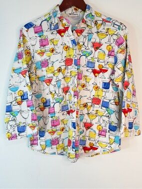 Vintage All Hours Cocktail‎ Print Shirt Jacket M Novelty Martini Drink Blouse